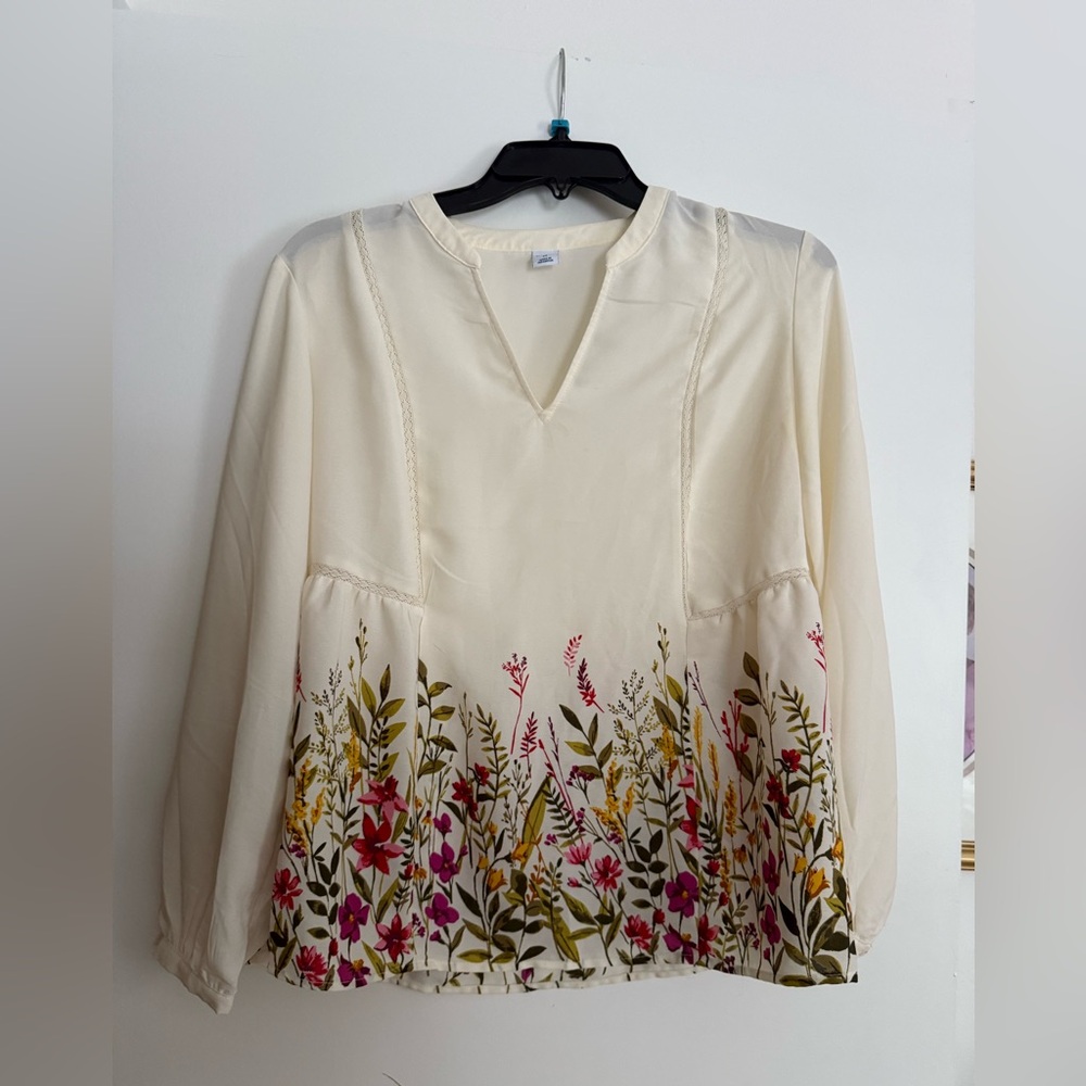 Old Navy Off White Floral Bottom Sheer Long Sleeve Blouse
